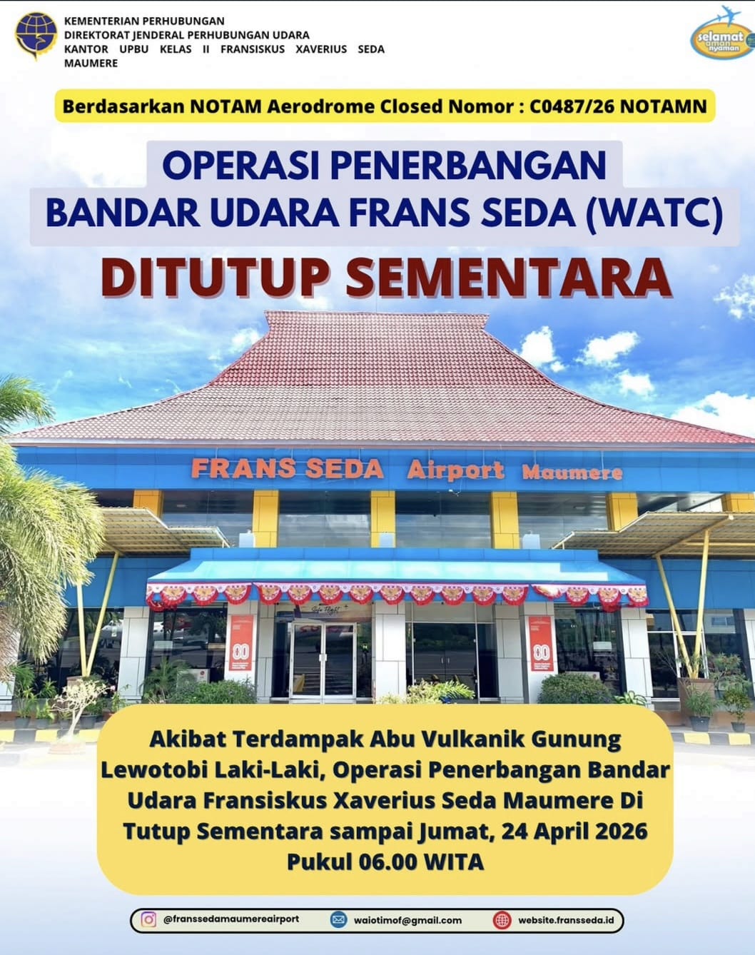 Erupsi Gunung Lewotobi Paksa Bandara Frans Seda Maumere Tutup Sementara